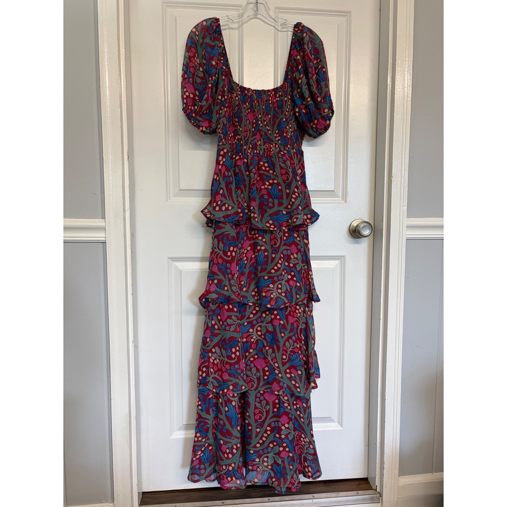 Entro Tiered Ruffle Maxi Dress Womens Large Red Floral Smocked Puff Sleeve Boho